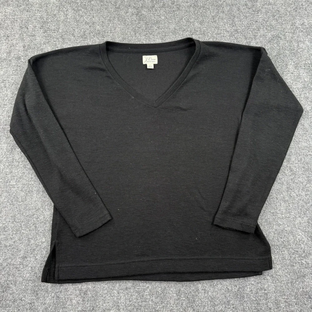 J. Crew Vintage Fleece Pullover‎ Small Black V-Neck Long Sleeve Sweater Women's